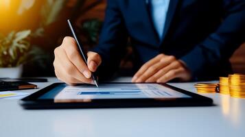 Business professional analyzing financial data on a tablet with coins and charts in the background photo