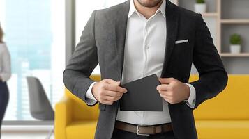 Business professional discreetly retrieving a document from his suit jacket in a modern office setting photo