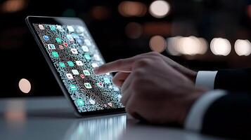 Business professional interacting with a tablet displaying various app icons in a modern setting photo