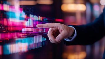 Business professional interacting with digital data visualization in a modern office setting photo