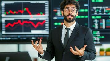 Business professional presenting financial data with stock market displays in background photo