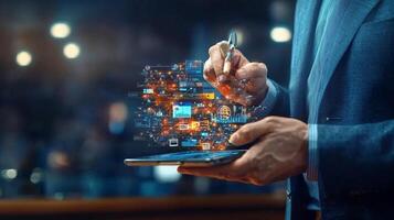 Business professional using a tablet to interact with digital data visualization in a modern office photo