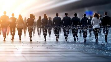 Business professionals walking towards a bright sunrise, with digital data overlay in the background photo