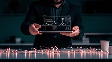 Business professional presenting data analytics on a tablet, with decorative lights in background photo