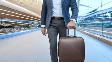 Business traveler in a modern airport terminal walking with a suitcase, dynamic background photo