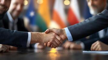 Business professionals shaking hands in a conference room with international flags in the background photo