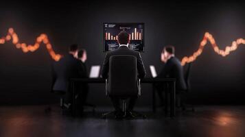 Business team analyzing financial data on multiple screens in a modern office setting photo