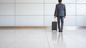 Business traveler in a suit walking with a suitcase in a modern airport terminal photo