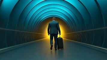 Business traveler walking through a futuristic tunnel with a suitcase, illuminated by blue and orange lights photo