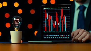 Businessman analyzing financial data on a tablet with a glowing light bulb in a bokeh background photo