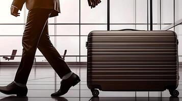 Business traveler walking with a suitcase in an airport terminal with modern architecture photo
