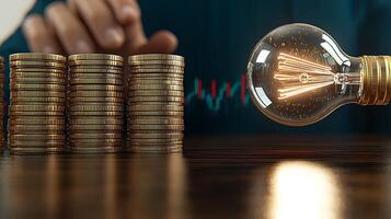 Businessman analyzing financial growth with stacked coins and a glowing light bulb on a desk photo