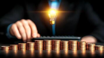 Businessman calculating finances with coins and a light bulb symbolizing ideas and innovation photo