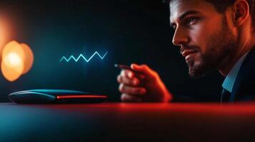 Businessman analyzing data trends with a digital device in a dimly lit office environment photo