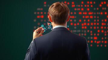 Businessman analyzing digital data on a futuristic interface in a modern office setting photo