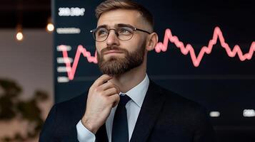 Businessman in a suit contemplating data trends in a modern office with graphs in the background photo