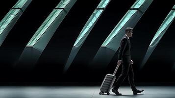 Businessman in a suit walking with a suitcase in a modern, sleek architectural environment photo