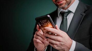Businessman in a suit using a smartphone, focused on digital interface, with a dark background photo