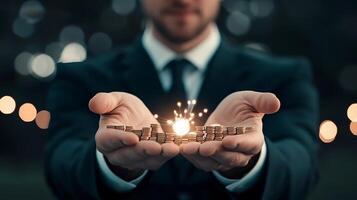 Businessman in suit holding coins with spark in hands, surrounded by blurred lights at dusk photo