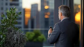 Businessman in suit using smartphone on balcony with city skyline and sunset in background photo