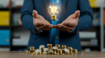 Businessman presenting a glowing light bulb above a pile of coins in a modern office setting photo