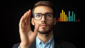 Businessman interacting with digital graphs in a dark office setting, showcasing data analysis photo