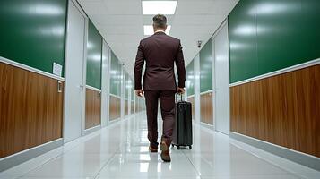 Businessman walking confidently down a modern corridor, suitcase in hand, with green walls photo