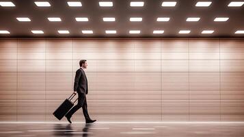 Businessman walking confidently in a modern corridor with wooden walls and bright lighting photo