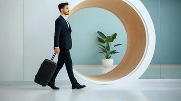 Businessman walking with a suitcase in a modern office setting with a circular design feature photo