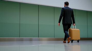 Businessman walking with a suitcase in a modern airport terminal with glass walls photo