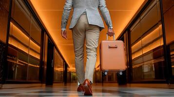 Businessman walking through a modern corridor with a suitcase, showcasing a sleek interior design photo