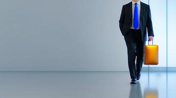 Businessman walking with briefcase in modern office space, reflecting professionalism and focus photo