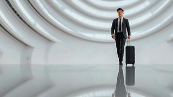 Businessman walking with suitcase in modern architectural space with reflective floor photo