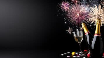 Celebration scene featuring champagne bottles and glasses with fireworks in the background photo
