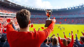 Celebrating victory with a trophy in a packed stadium, fans cheering with red flags in the background photo
