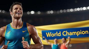 Celebrating a victorious athlete holding medals in a stadium with cheering supporters in background photo