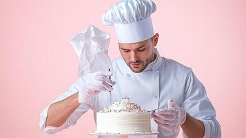 Chef decorating a cake with colorful sprinkles in a pastel pink studio background photo