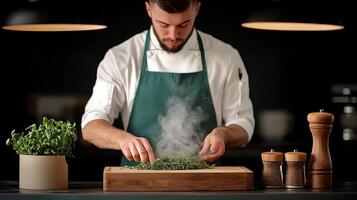 Chef meticulously garnishing a dish with fresh herbs in a modern kitchen setting photo