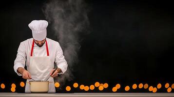 Chef stirring a pot in a professional kitchen, steam rising, with blurred lights in the background photo