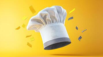 Chef's hat floating against a vibrant yellow background with colorful confetti scattered around photo