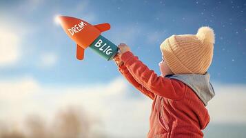 Child in winter attire holding a colorful rocket toy against a dreamy sky, symbolizing aspirations photo