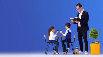 Children engaged in a learning activity with an adult in a modern classroom setting photo