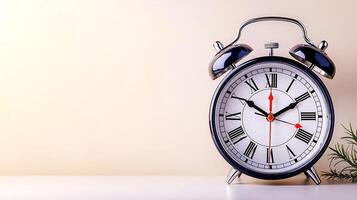 Classic alarm clock on a minimalist desk with soft lighting and subtle greenery in the background photo