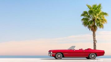 Classic red convertible parked under a palm tree against a serene beach backdrop at sunset photo