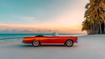 Classic convertible car parked on a serene beach at sunset with palm trees in the background photo