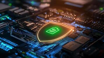 Circuit board with a glowing battery shield symbol, representing energy security in technology photo
