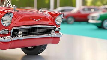 Classic red vintage car in focus at an outdoor auto show with blurred background vehicles photo