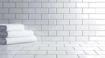 Clean white towels stacked neatly against a glossy tiled wall in a bright, modern bathroom photo