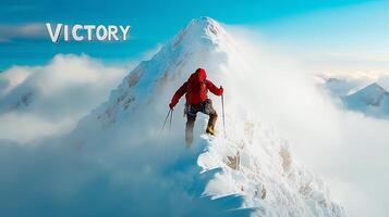 Climber Reaches Summit of Snow-Capped Mountain, Celebrating Victory Amidst Dramatic Clouds photo