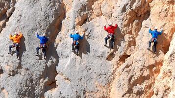 Climbers in colorful gear ascend a rocky cliff, showcasing teamwork and adventure in nature photo
